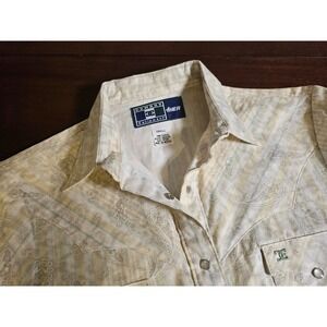 Vtg Cowboy Equipment 4HER Western Pearl Snap Shirt Women S White Yellow Paisley